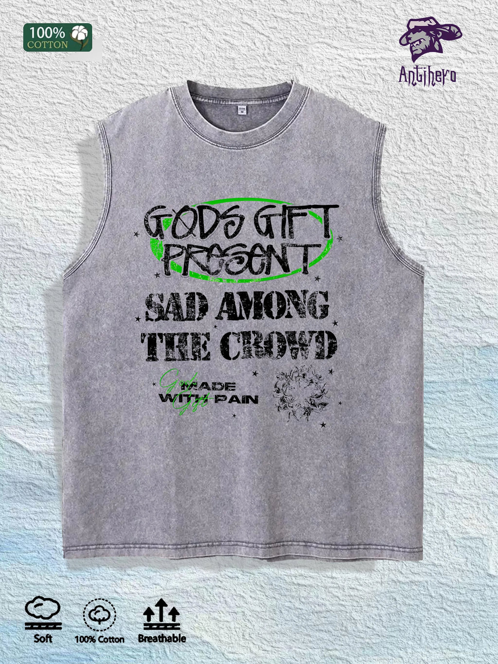 GODS GIFT PRESENT  Graphic Washed Vest US Warehouse 3 Colors Cotton Tank
