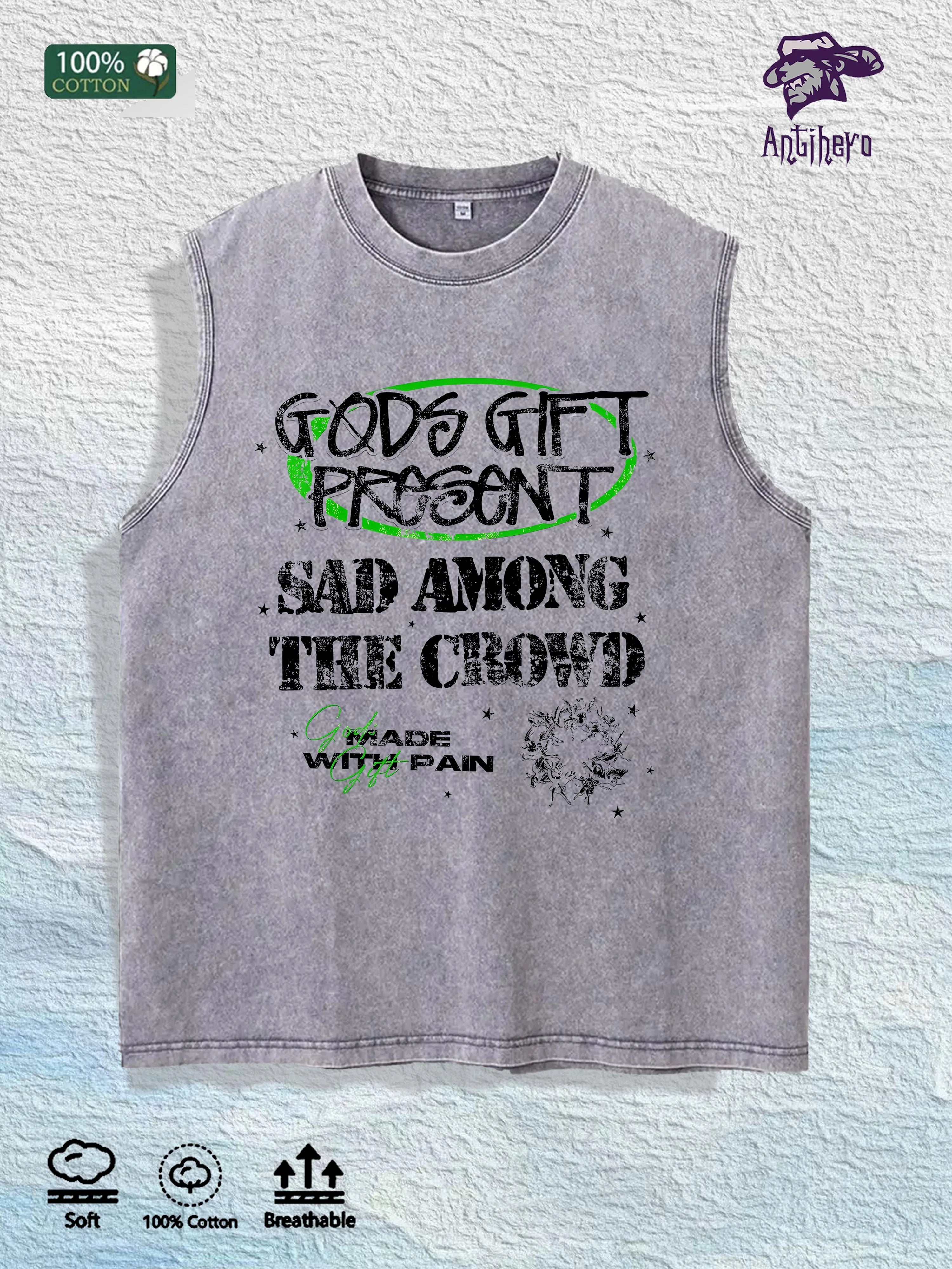 GODS GIFT PRESENT  Graphic Washed Vest US Warehouse 3 Colors Cotton Tank
