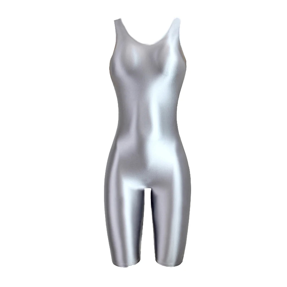 Women's Sleeveless One-Piece Swimsuit Shiny Glossy Yoga Gym Fitness Bodysuit Sexy Leotard Catsuit Jumpsuit Sport Overall MJINM