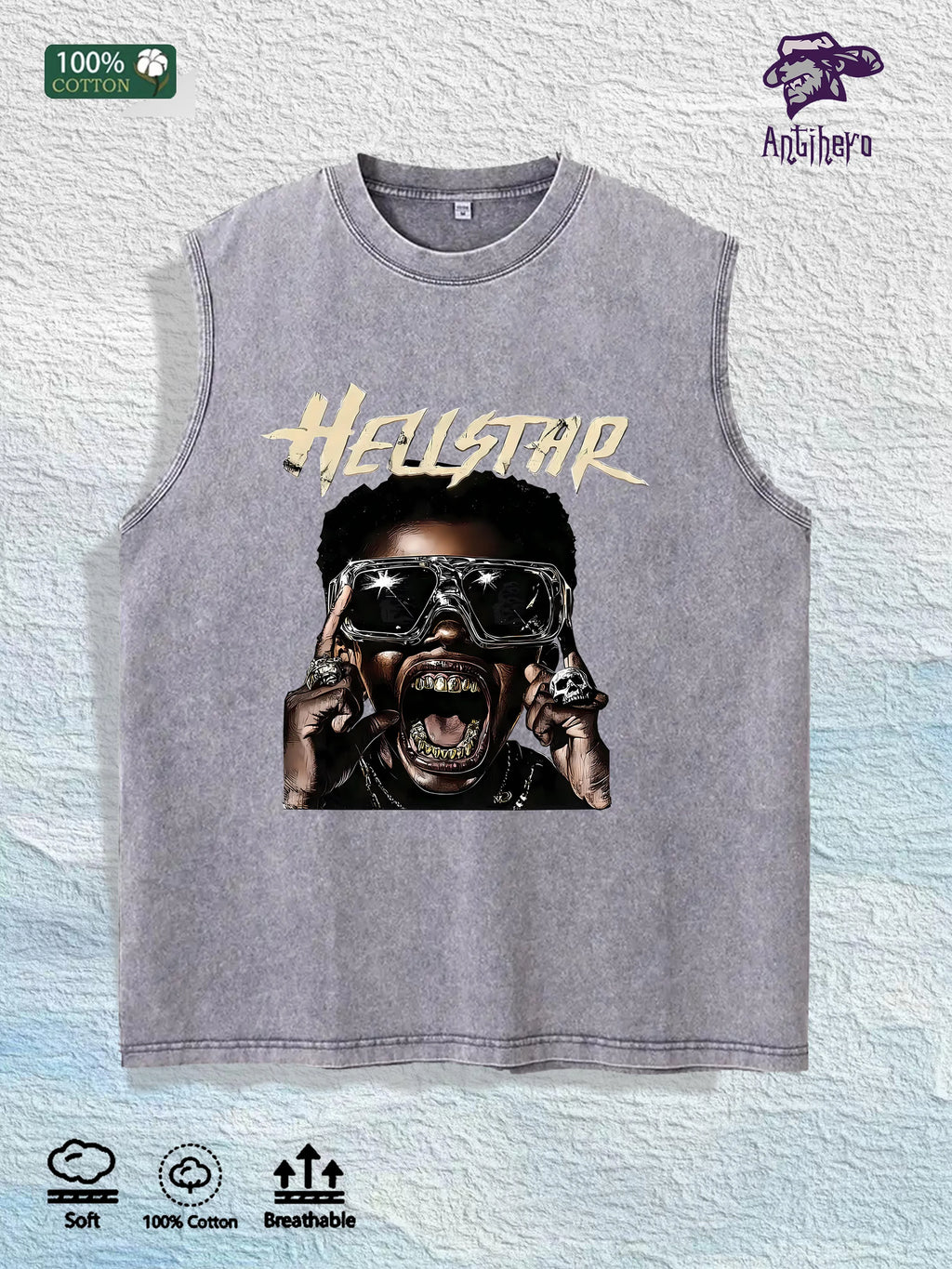 HELLSTAR Graphic Washed Vest US Warehouse 3 Colors Cotton Tank