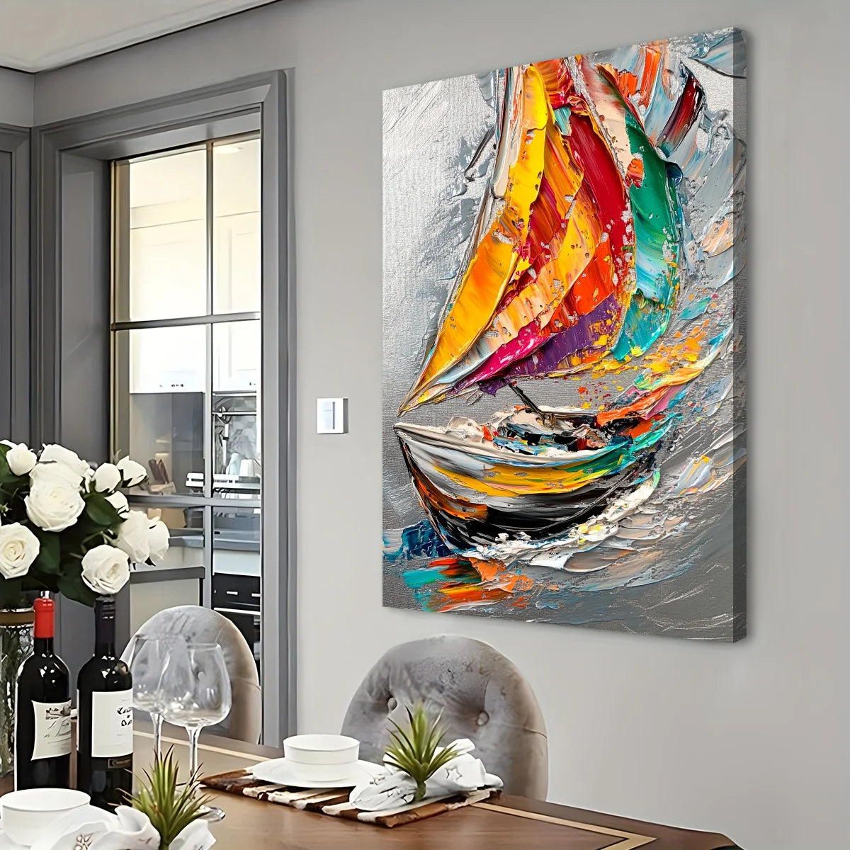 Abstract Sailboat Decor: Colorful Ocean Journey Print Canvas Wall Art 1.5inch Thick Indoor Living Room and Home Decor