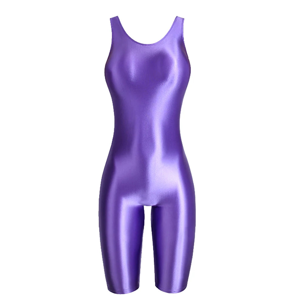 Women's Sleeveless One-Piece Swimsuit Shiny Glossy Yoga Gym Fitness Bodysuit Sexy Leotard Catsuit Jumpsuit Sport Overall MJINM