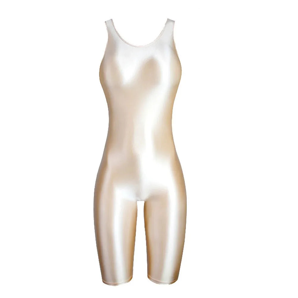 Women's Sleeveless One-Piece Swimsuit Shiny Glossy Yoga Gym Fitness Bodysuit Sexy Leotard Catsuit Jumpsuit Sport Overall MJINM