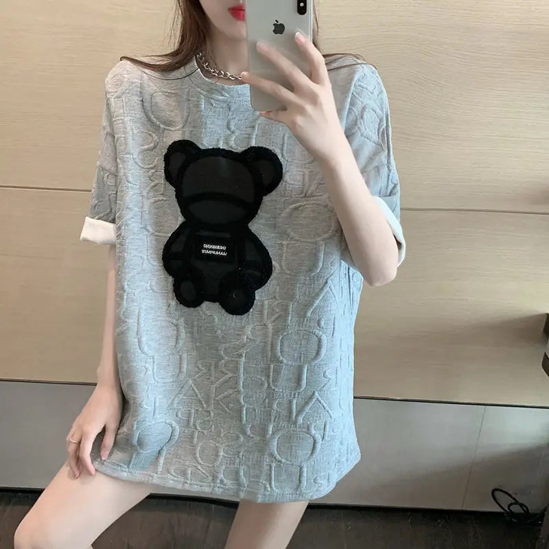 Women's T-shirts Harajuku Girls Plus Size Tops Letter Jacquard O-neck Short Sleeves Loose Summer Tshirt Bear White Tees M-5XL