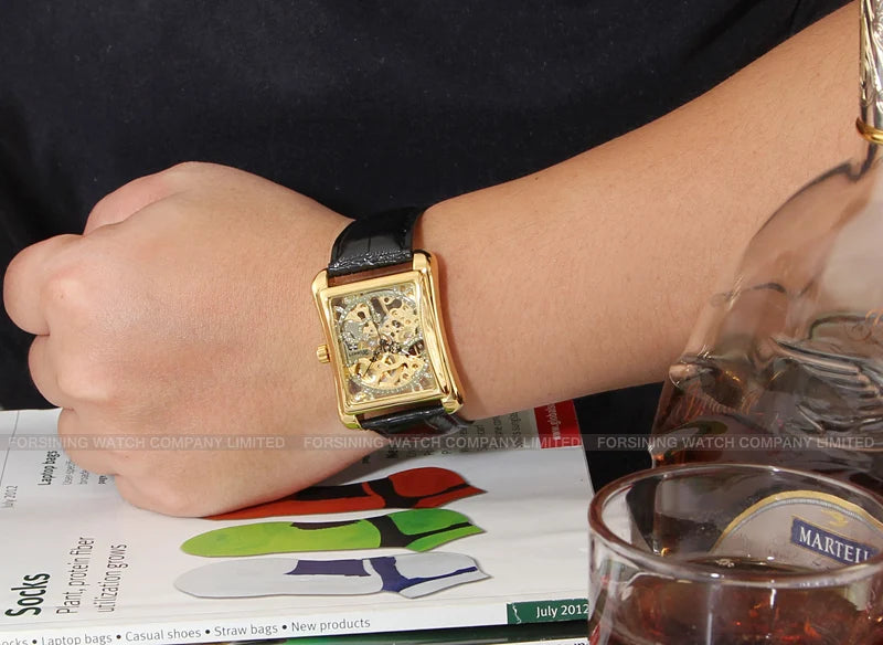 T-WINNER Watch Rectangular mechanical Watch Men's Watch Gold Belt Wrist Watch Hollow hand Mechanical watch