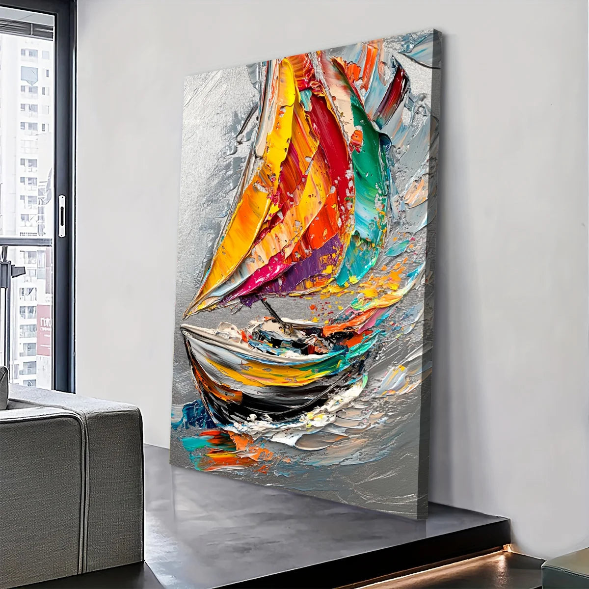 Abstract Sailboat Decor: Colorful Ocean Journey Print Canvas Wall Art 1.5inch Thick Indoor Living Room and Home Decor