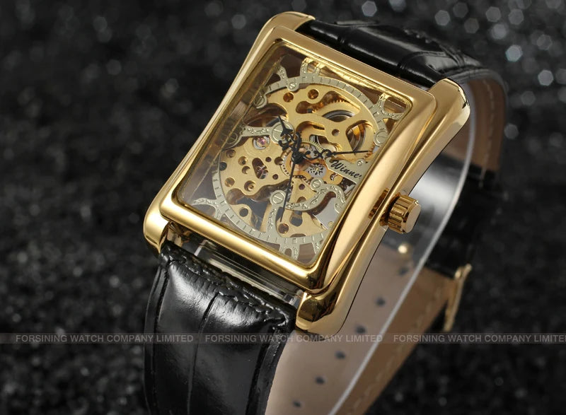 T-WINNER Watch Rectangular mechanical Watch Men's Watch Gold Belt Wrist Watch Hollow hand Mechanical watch