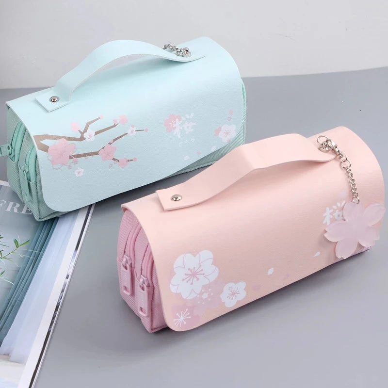 Sakura Pencil Bag PU Leather Pen Case Candy Color Japan Stationery Box Green Pink Organizer School Supplies Gift Ruler Pouch Hol