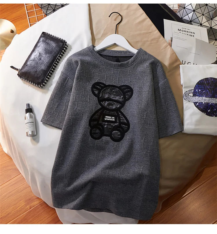 Women's T-shirts Harajuku Girls Plus Size Tops Letter Jacquard O-neck Short Sleeves Loose Summer Tshirt Bear White Tees M-5XL