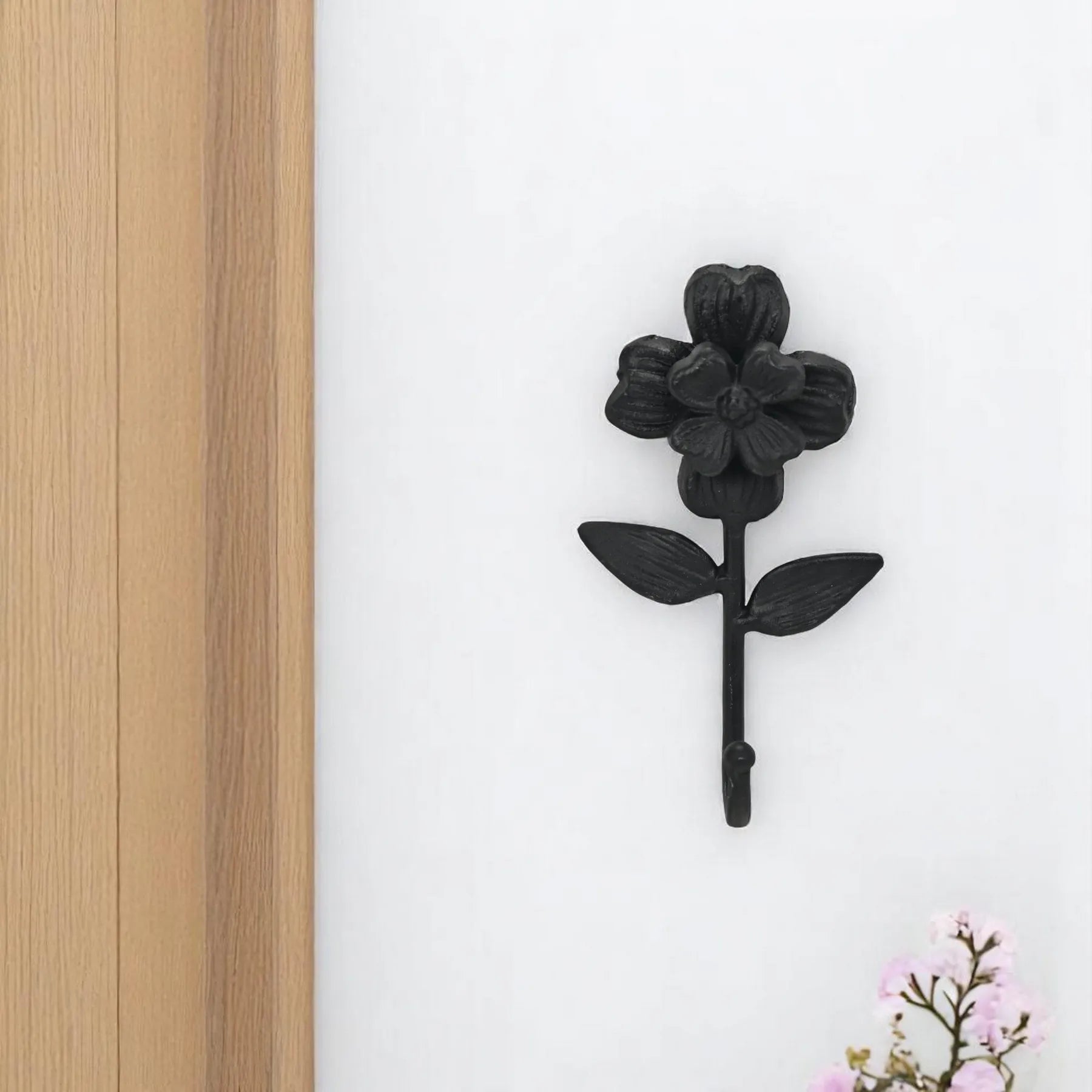 HMS 4\" Black Cast Iron Flower Wall Hook Home Metal Storage Towel Clothing Tools Kitchen Bathroom Wardrobe Garage Carved Office