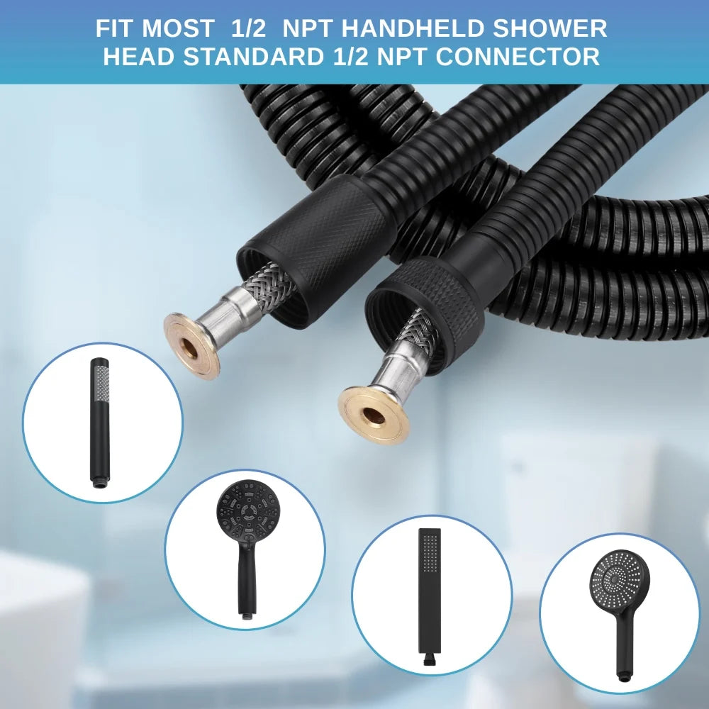 Matte Black Insert Stainless Steel Hand Held Shower Tube Bathroom Replacement Shower Hose Flexible Shower Double Joint Hose