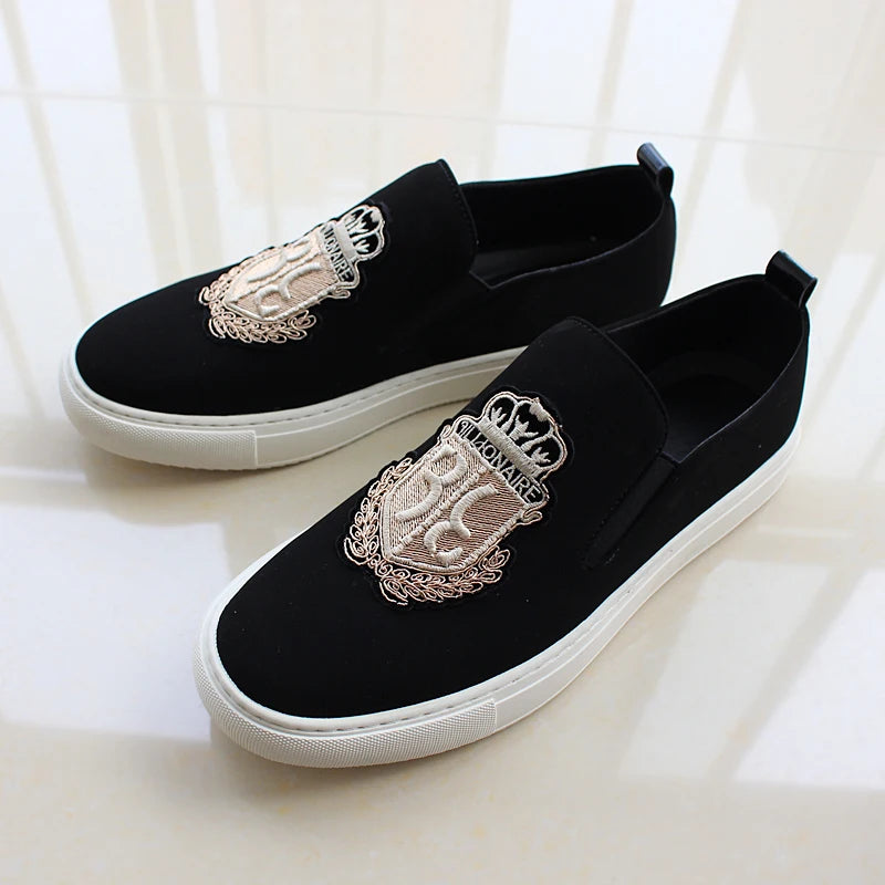 Brand New Men Casual Shoes Black Suede Leather Man Party Luxury Embroidery Flat Shoes Tide Slip-On Loafers