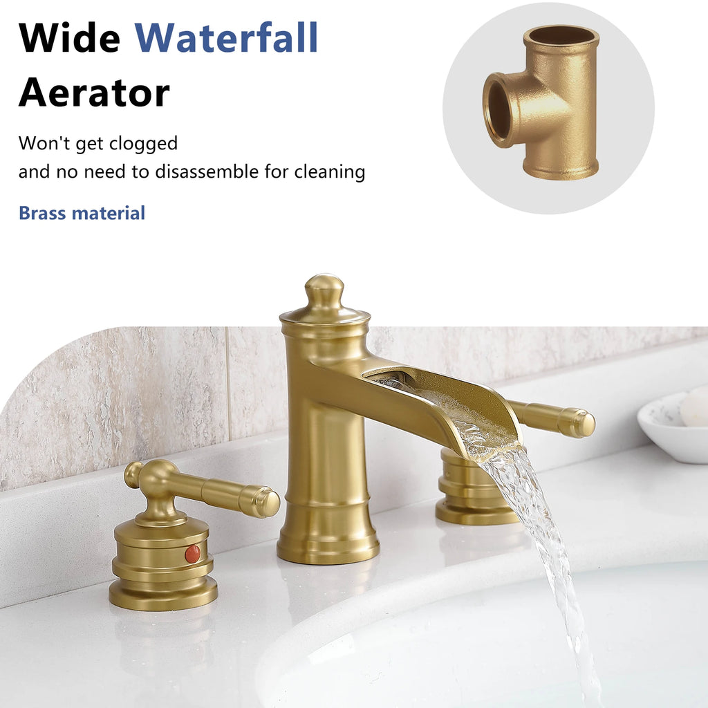 Modern  Brushed Gold Two Handle Basin Deck Mounted Faucet Brass Widespread for Living Room Bathroom Ceramic Valve USA Stock