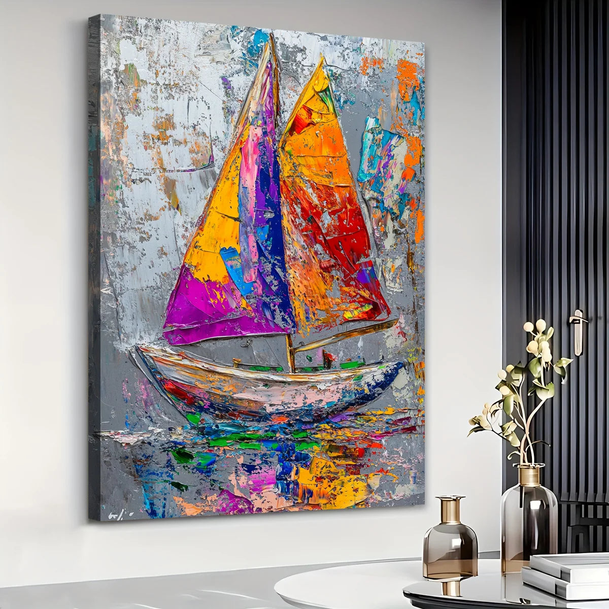 Abstract Sailboat Decor: Colorful Ocean Journey Print Canvas Wall Art 1.5inch Thick Indoor Living Room and Home Decor