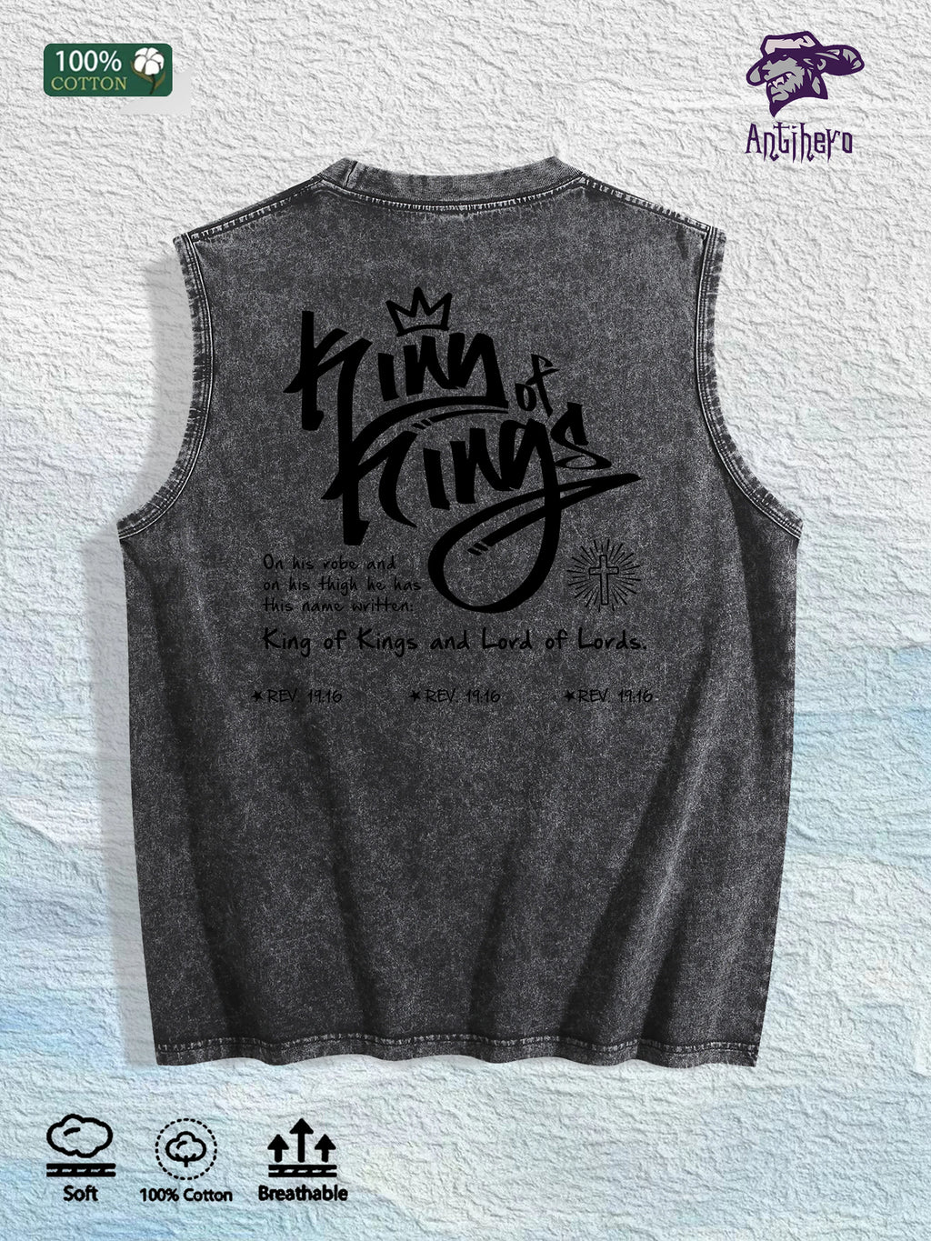 King of Kings Religious Graphic Washed Vest US Warehouse 3 Colors Cotton Tank