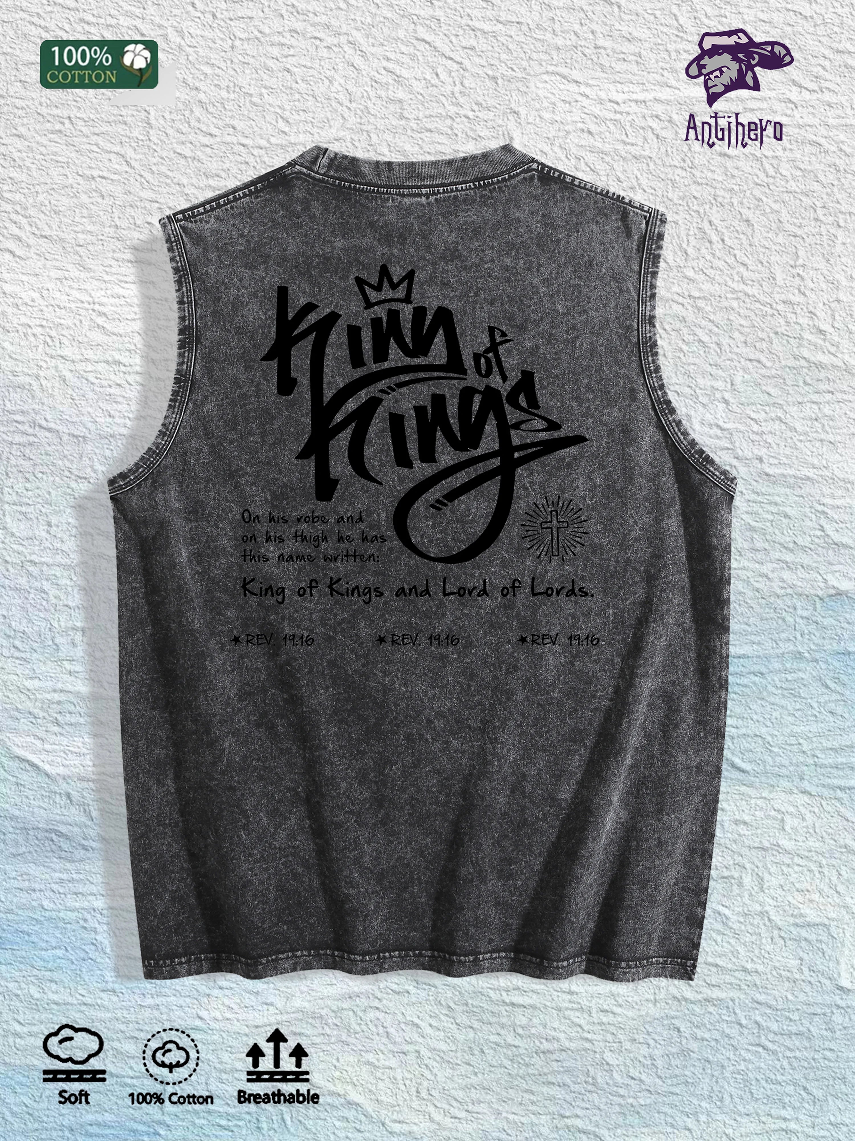 King of Kings Religious Graphic Washed Vest US Warehouse 3 Colors Cotton Tank