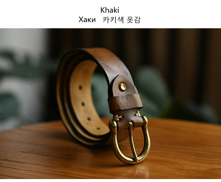 Handmade Classic Retro Style Pure Copper Horseshoe Buckle No interlayer Cowhide Men's Belt Genuine Leather Jeans Man design Belt