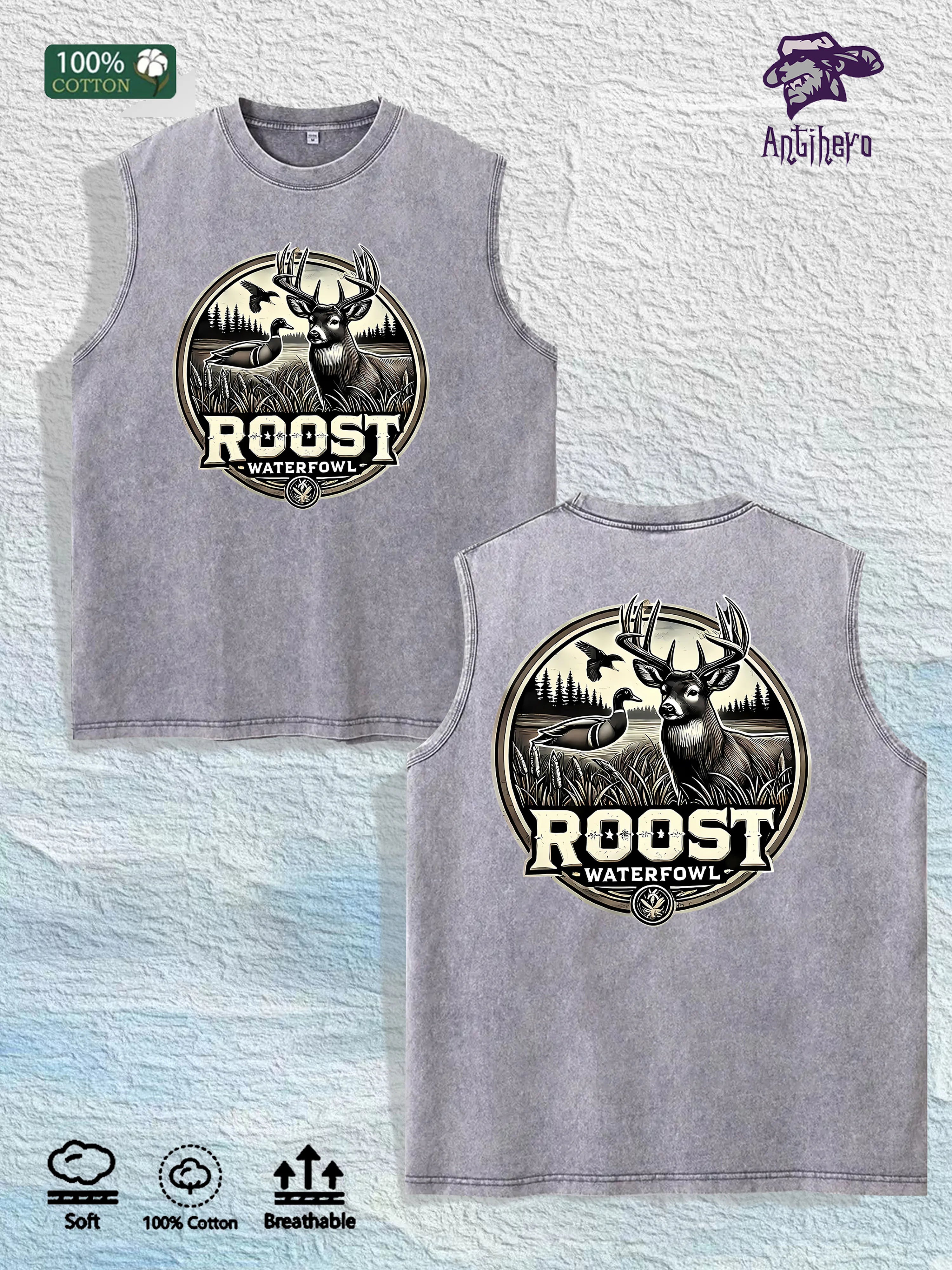 ROOST Waterfowl Deer Graphic Washed Vest US Warehouse 3 Colors Cotton Tank