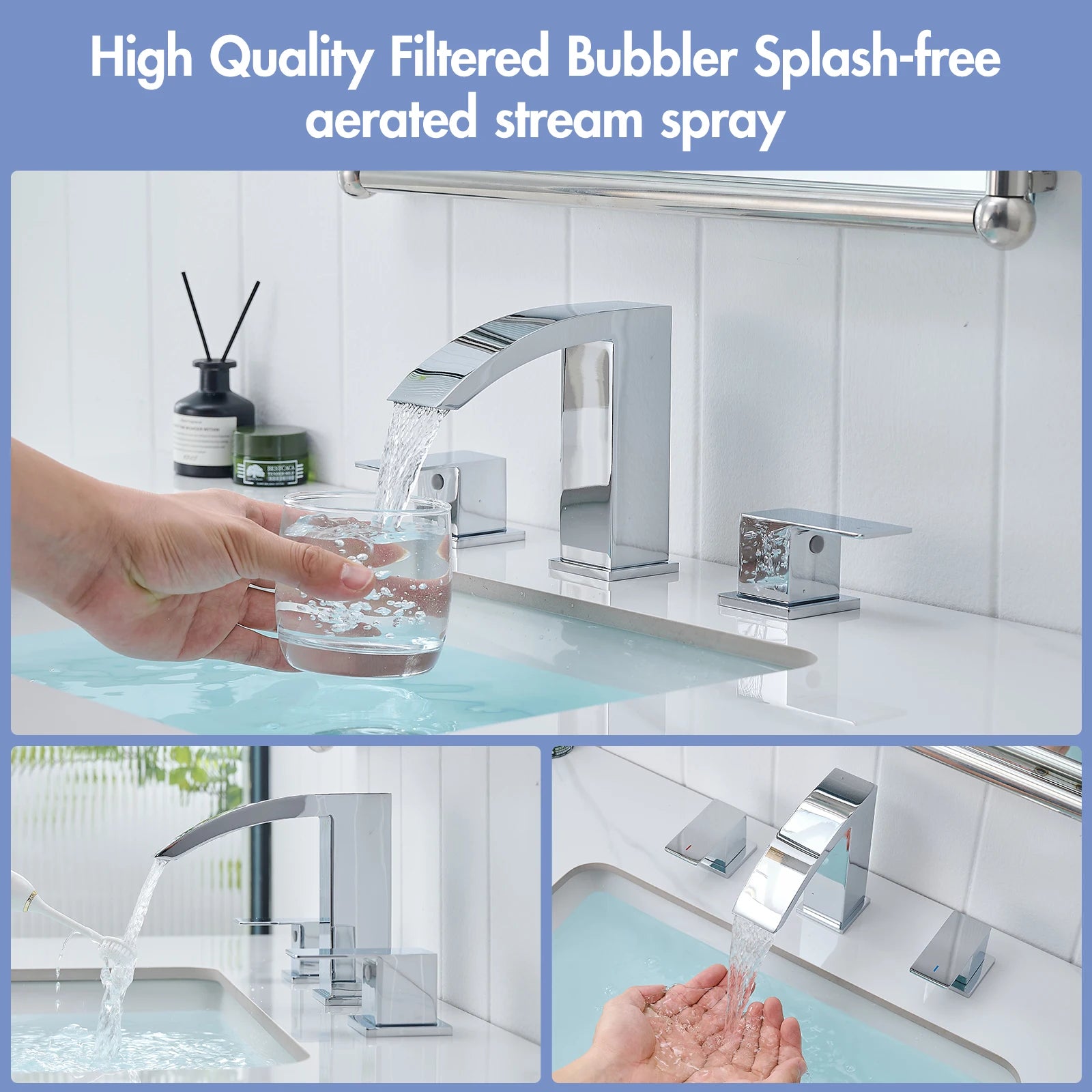 8 Inch Modern Waterfall Bathroom Faucet Widespread Sink Faucet Two-Handle Design 3-Hole Stainless Steel Material for Hotels