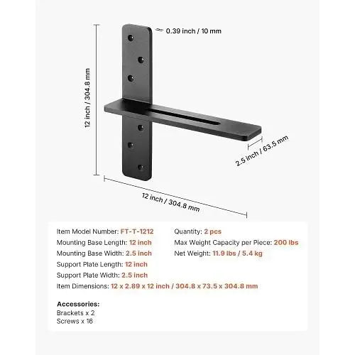 W2B Heavy Duty 12 Inch/304.8 mm Floating Steel Shelf Brackets 2 Pcs for Cabinet Application