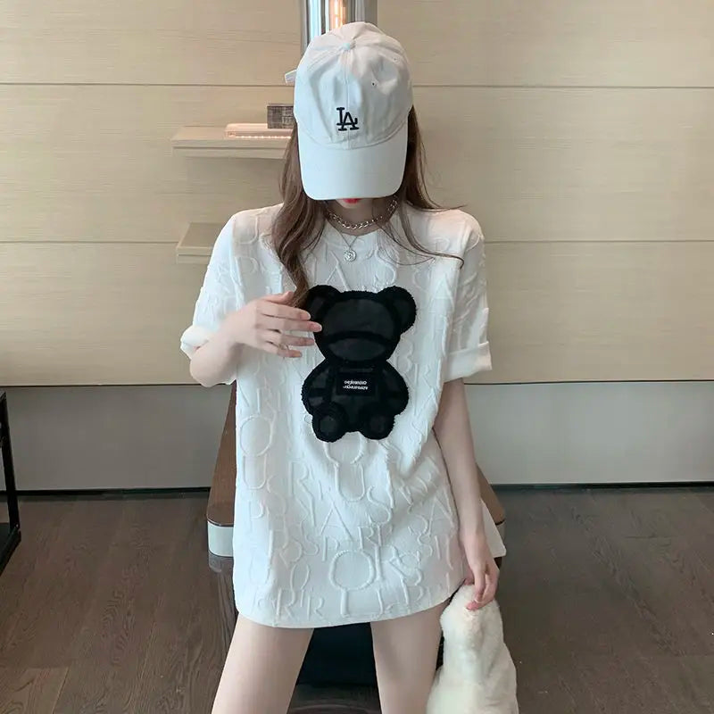 Women's T-shirts Harajuku Girls Plus Size Tops Letter Jacquard O-neck Short Sleeves Loose Summer Tshirt Bear White Tees M-5XL