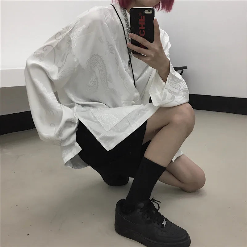 KOSAHIKI Women Man Blouse Dragon Print Harajuku Streetwear Chinese Style Stand Collar Buckle Vintage Black White Shirt Blusas