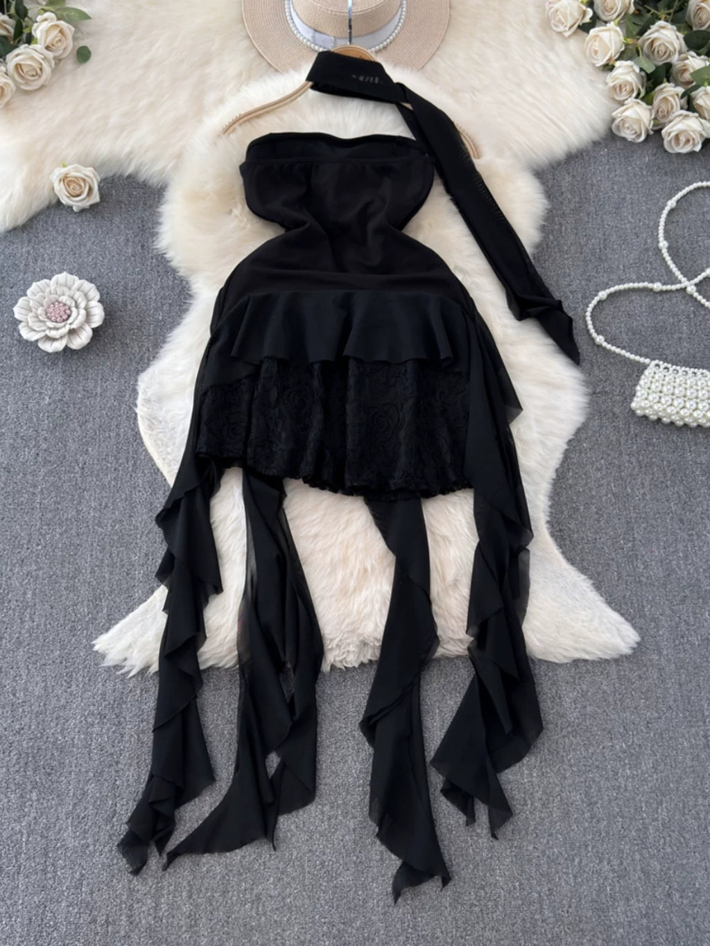 Foamlina French Style White Strapless Dress Women Summer Lace Irregular Flanged Ribbon Design Girl's Holiday Shopping Dresses