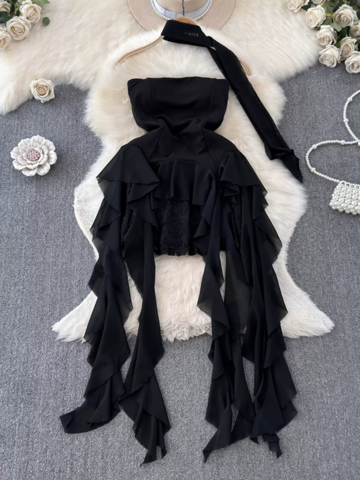 Foamlina French Style White Strapless Dress Women Summer Lace Irregular Flanged Ribbon Design Girl's Holiday Shopping Dresses