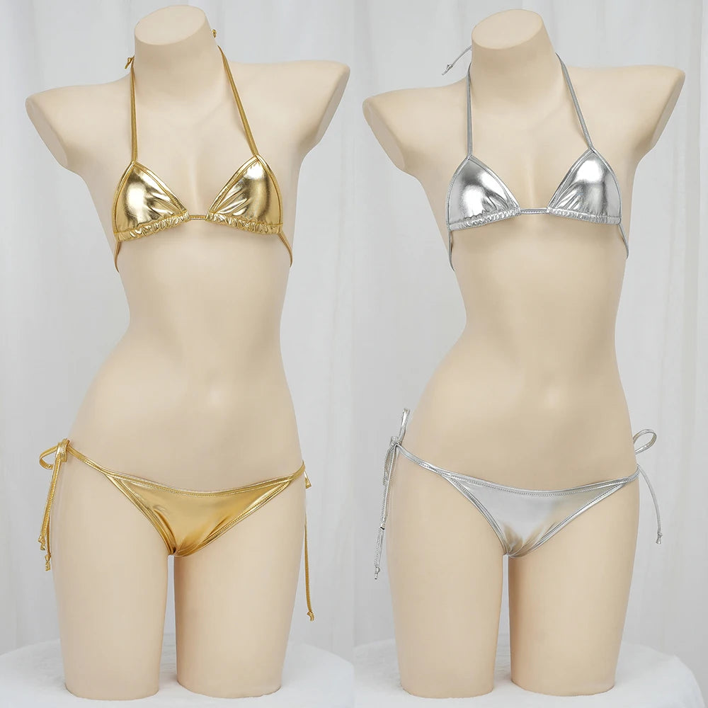Sexy Bikini 2025 Women Gold Laser Fabric Bikini Low Waist Triangle Bikinis Sets Bandage Lingerie Swimsuit Swimwear Underwear