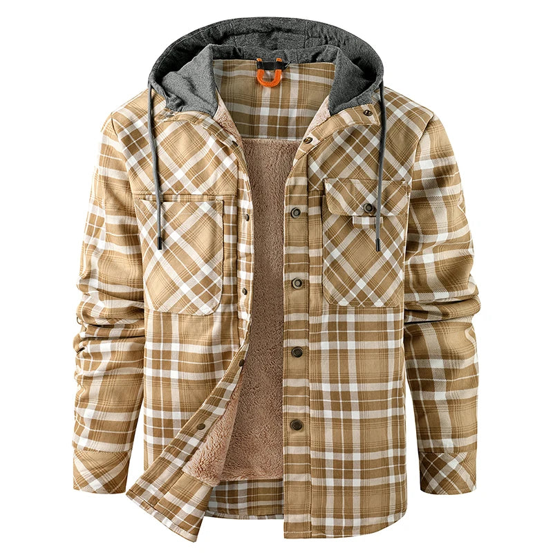 Winter Men Plaid Fleece Shirts Coats Mens Hooded Casual Shirts Man Sport Outdoor Loose Shirt Jacket Men Button Down Hoodie Shirt