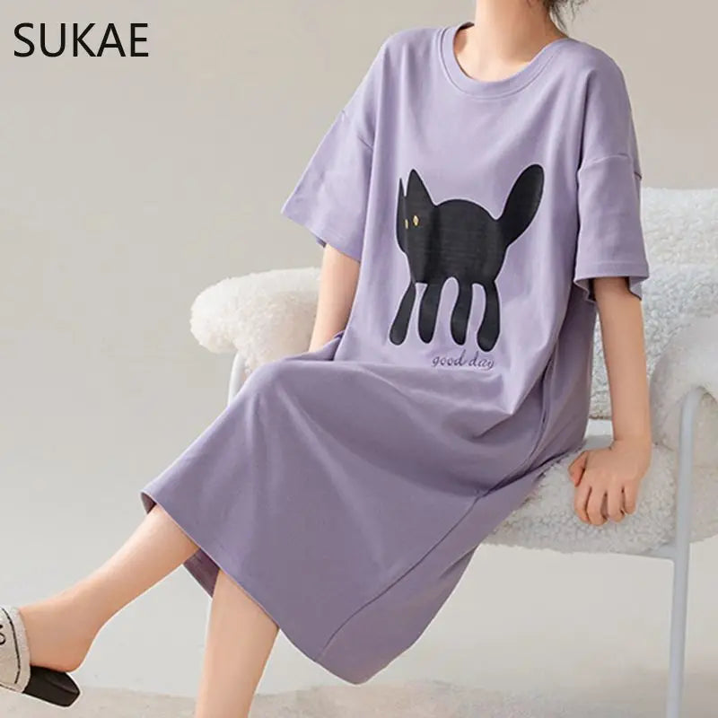 100% COTTON! SUKAE Summer New Women Lovely Sleepshirt Fashion Nightgowns Leisure Dress Casual Nightdress Short Sleeves Nightgown