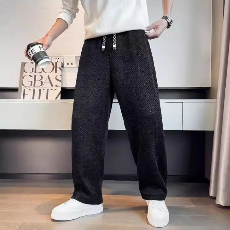 Autumn Winter Loose Men's Sherpa Fabric Straight Pants Man Fashion Thick Pockets Trousers Solid Color Male Clothes