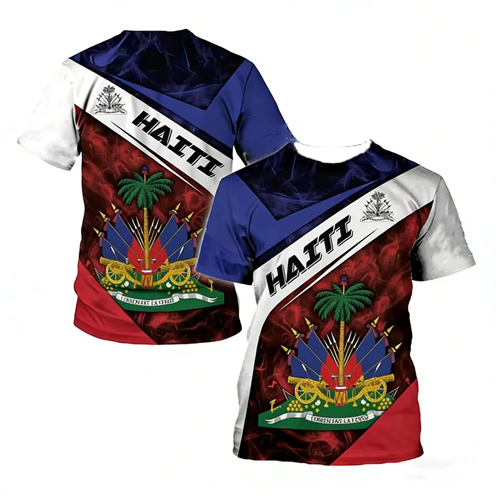 Haiti National Elements 3D Printed T-Shirt Patriotic Culture Casual Fabric T-Shirt Featuring National Flag Map And Emblem Design