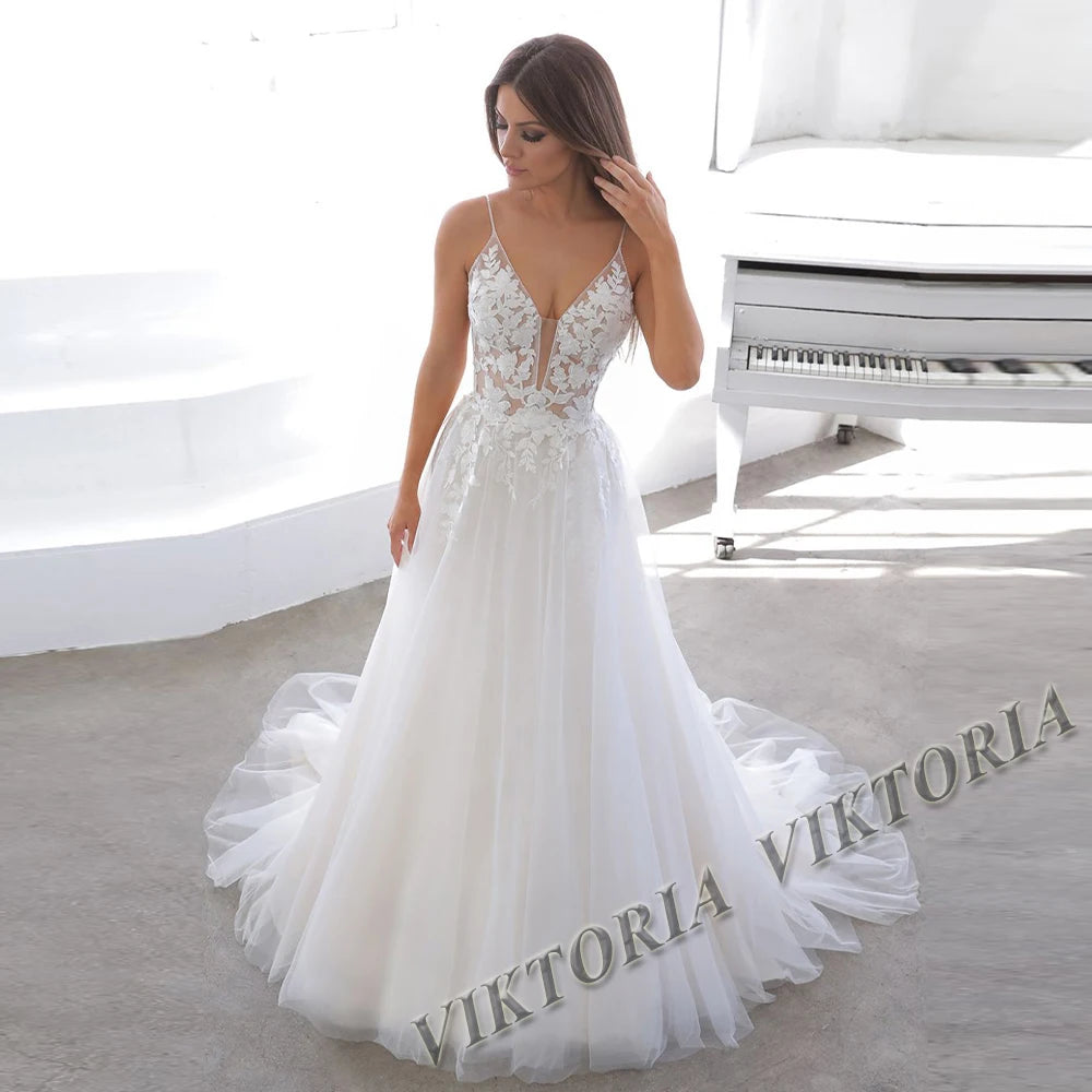 VIKTORIA Fashion Aline Wedding Dresses V-neck Custom-Made Court Train Appliques Sleeveless Robe De Mariée Engagement Plus