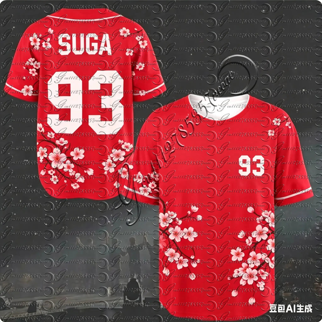 J-HOPE 94 Cherry Blossom Baseball Jersey, Floral Print Short Sleeve Shirt, Kpop Fans Casual Streetwear Tops for Kids&Youth