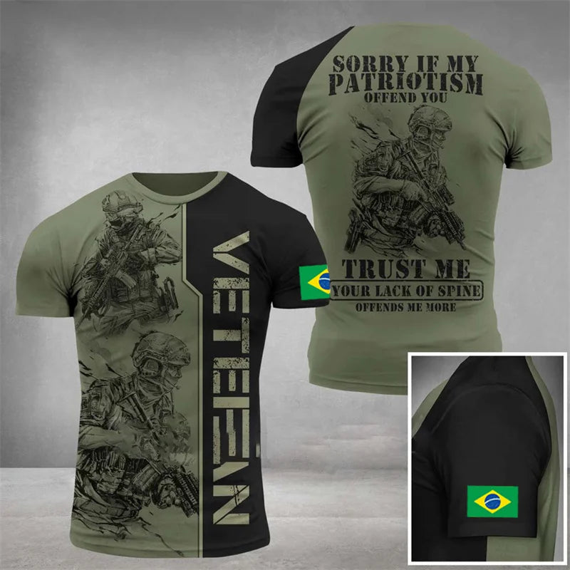 Brazil Flag Men's T-Shirt 3D Print Brazilian T Shirt Summer Oversized Jersey Camo Veterans Short Sleeve Sports Tactical Tee Tops