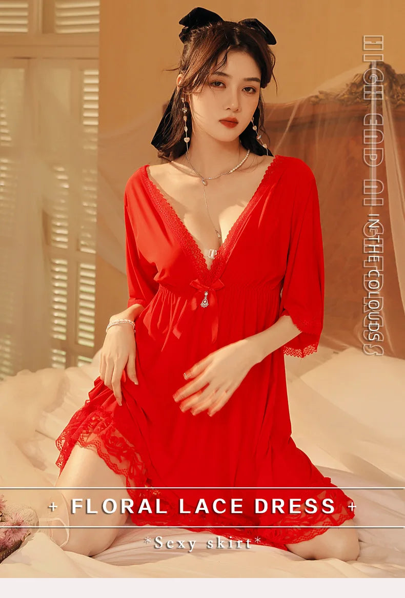 Fdfklak M-3XL Women’s Nightgowns Sexy Lace Deep V Neck Sleepshirt Mesh Short Sleeve Summer Nightdress Female Nightwear Dress