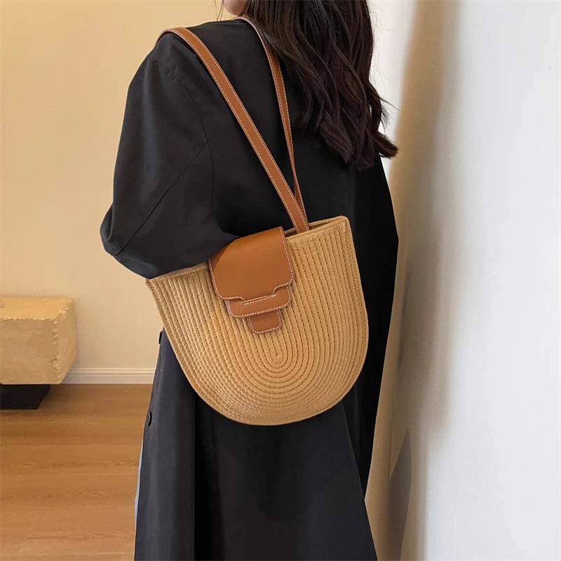 Large Capacity Beach Shopping Bag Luxury Design Woven Shoulder Bag Women Handmade Cotton Thread Woven Handbag Summer Travel Bag