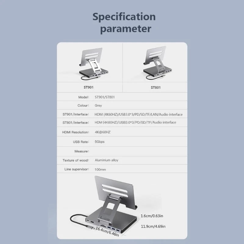 Aluminum Type C Docking Station Laptop Stand /9 in 1 for Fast Data Transmission and Expanded 2xHDMI4K USB3.0 HUB