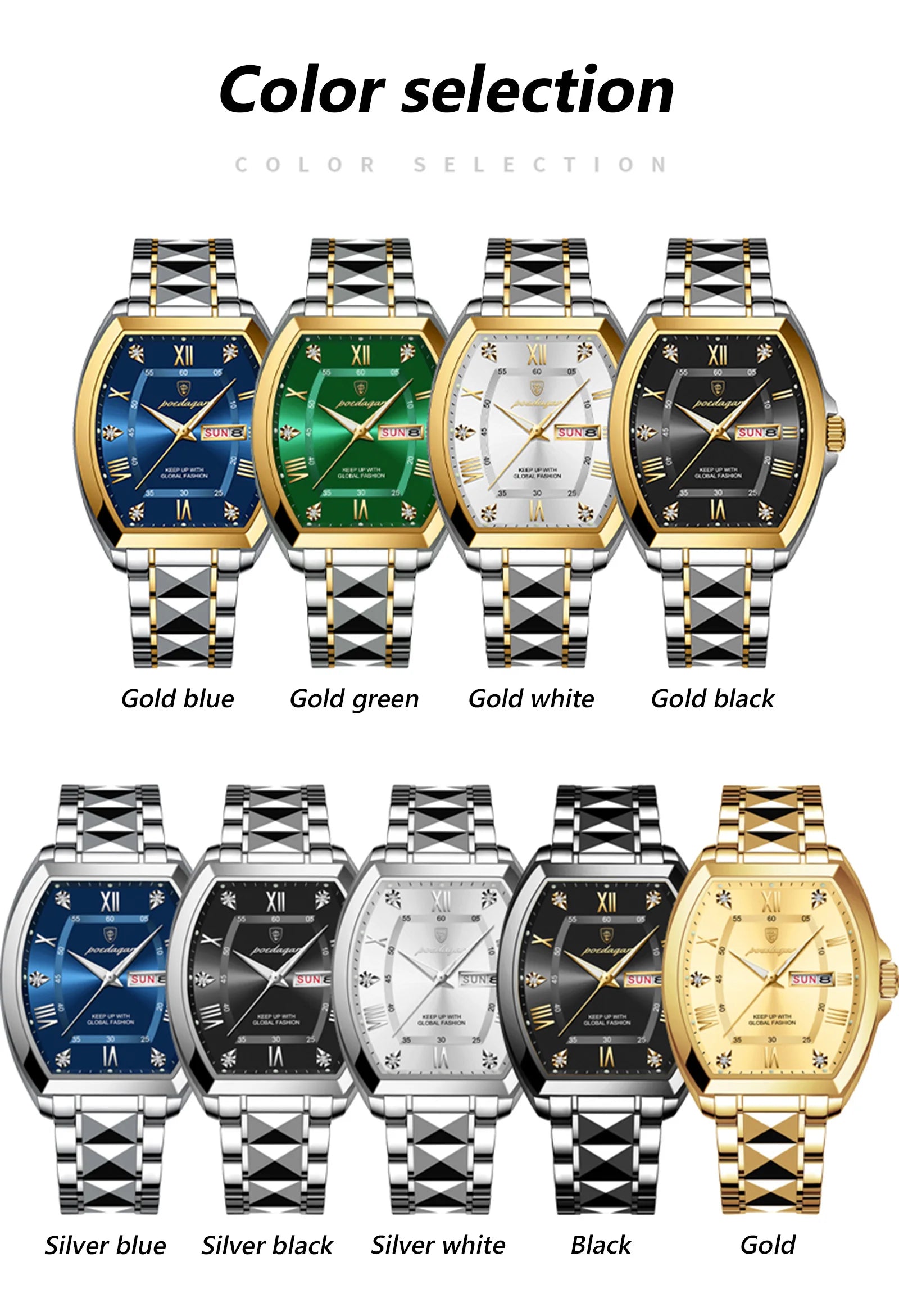 POEDAGAR Luxury Tonneau Men Watch Luminous Waterproof Date Week Man Watch Stainless Steel Fashion Original Men's Quartz Watches