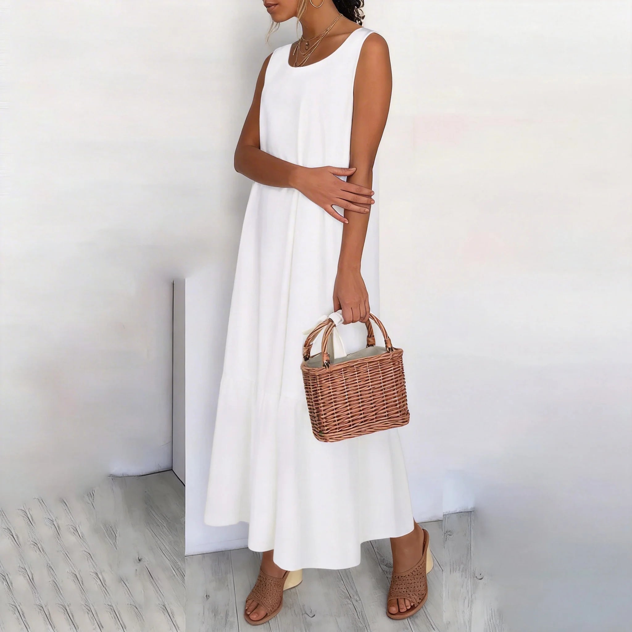 Casual Loose White Maxi Dresses For Women Summer 2024 Fashion Sleeveless Straped O Neck Long Dress Elegant Vestidos