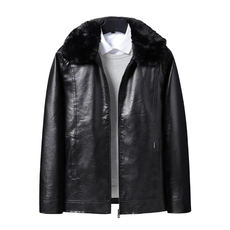 Winter Men Fleece Motor Biker Leather Jacket Man Lapel Thick Outwear Leather Coat Man Vintage Formal Fashion Leather Windbreaker