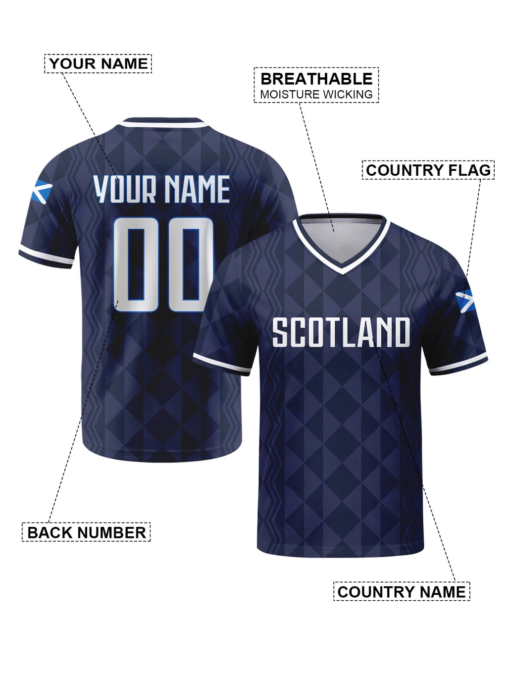 Personalized Scotland Soccer Jersey Custom Name Number V-neck Football National Team Shirt for Men Youth Women