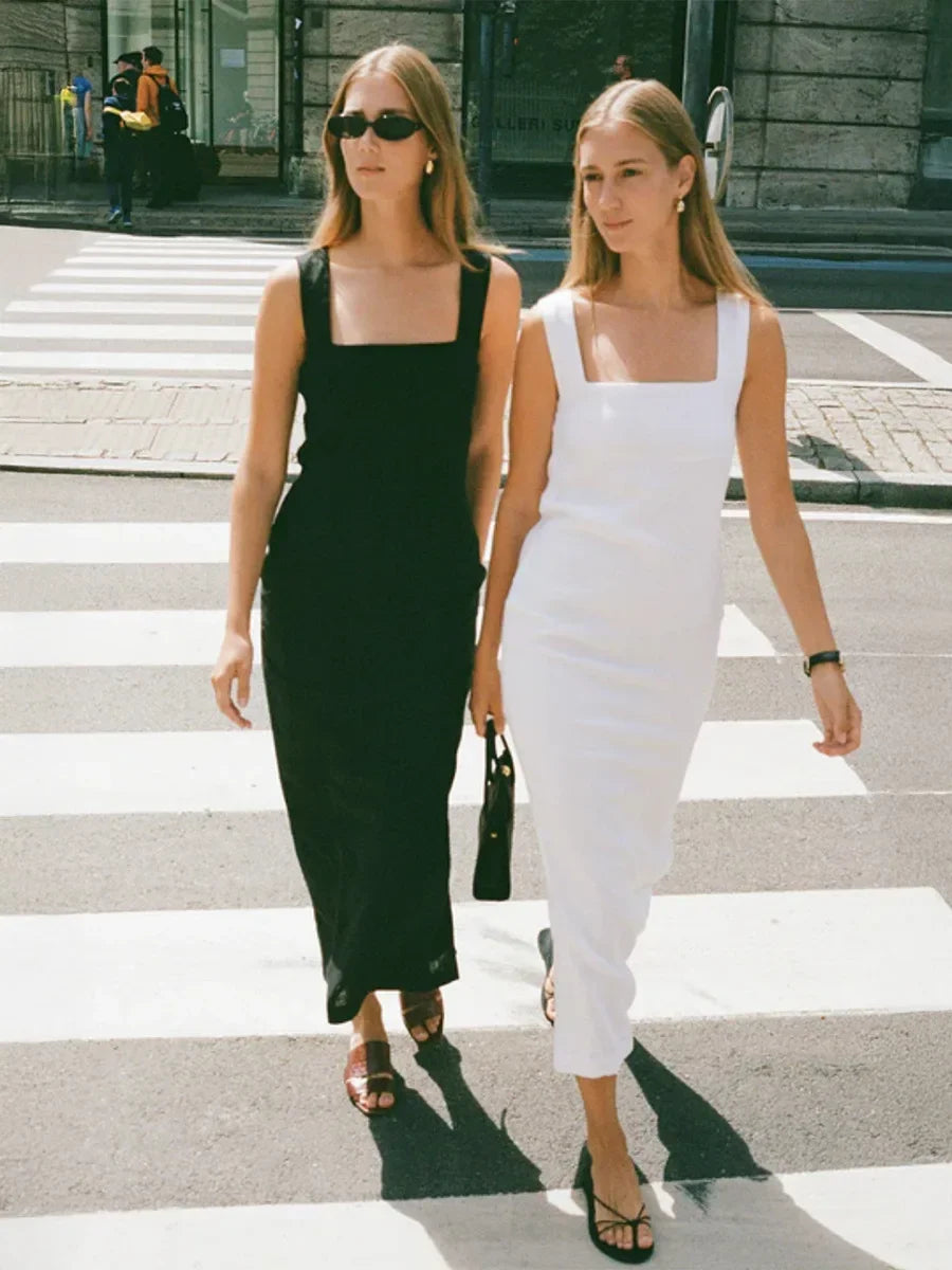 Wolfeel Cotton Linen Square Neck Suspender Dress Women's Solid Color Fashion Slim Fit Long Dress Summer New Women's Clothing