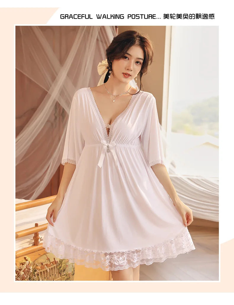 Fdfklak M-3XL Women’s Nightgowns Sexy Lace Deep V Neck Sleepshirt Mesh Short Sleeve Summer Nightdress Female Nightwear Dress