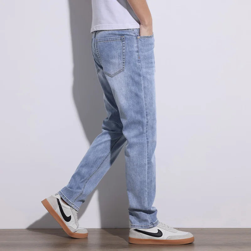 KSTUN 2025 Spring Summer Jeans For Men Slim Straight Gray Light Blue Stretch Jeans Regular Fit Denim Pants Mens Clothing Cowboys