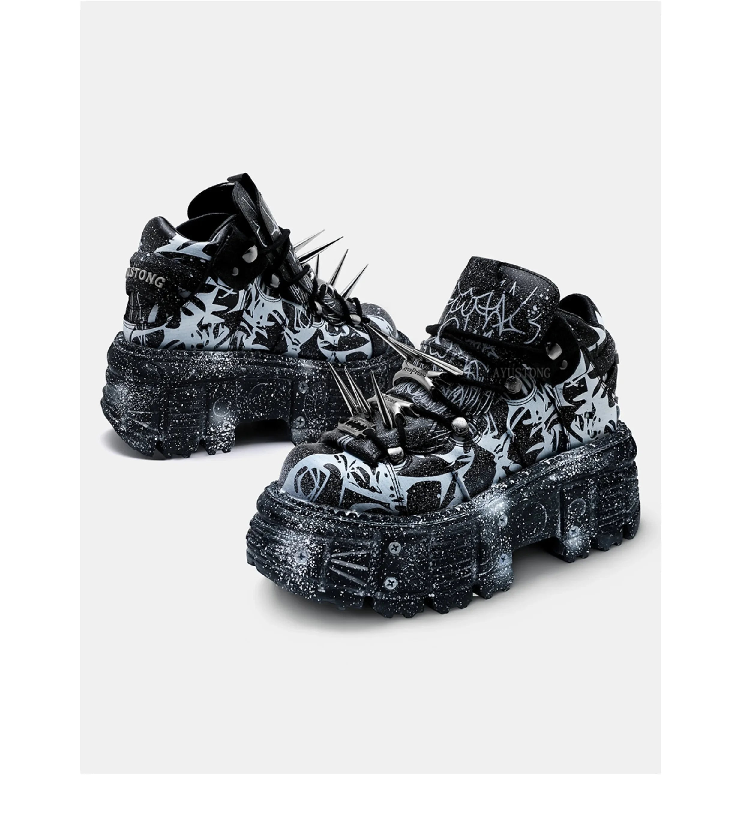 2025 Retro Heavy Metal Platform Men's and Women's Graffiti Punk Muffin Black Rivets Small Height Increasing Dad Shoes