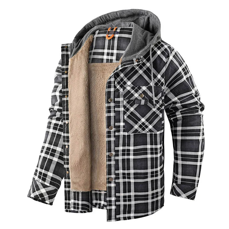Winter Men Plaid Fleece Shirts Coats Mens Hooded Casual Shirts Man Sport Outdoor Loose Shirt Jacket Men Button Down Hoodie Shirt