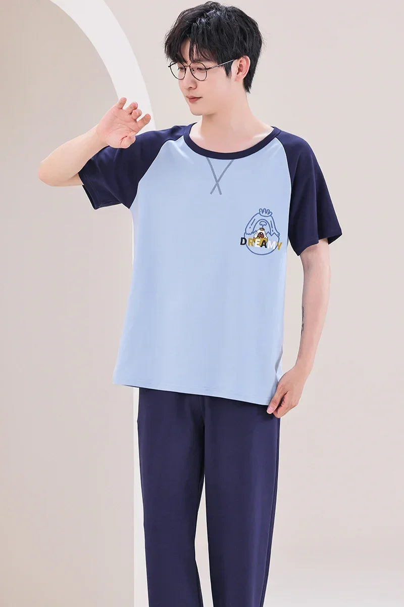 SUKAE Mens Plus Size L-5XL Homewear Summer Cotton Short Sleeve Full Pants Pajamas Set for Man Leisure Sleepwear Trendy Nightwear
