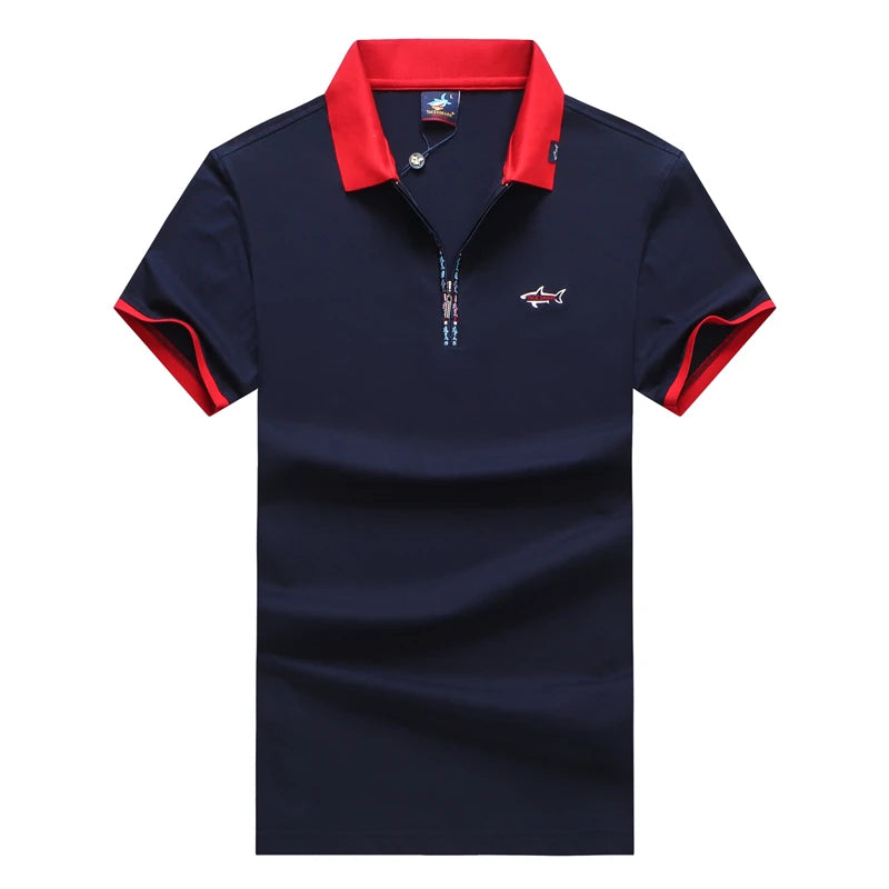 TACE&SHARK Solid Color Embroidery Polo Shirt Summer Fashion Men Business Shark Polos Tops Mens Casual Dark Blue White Clothing